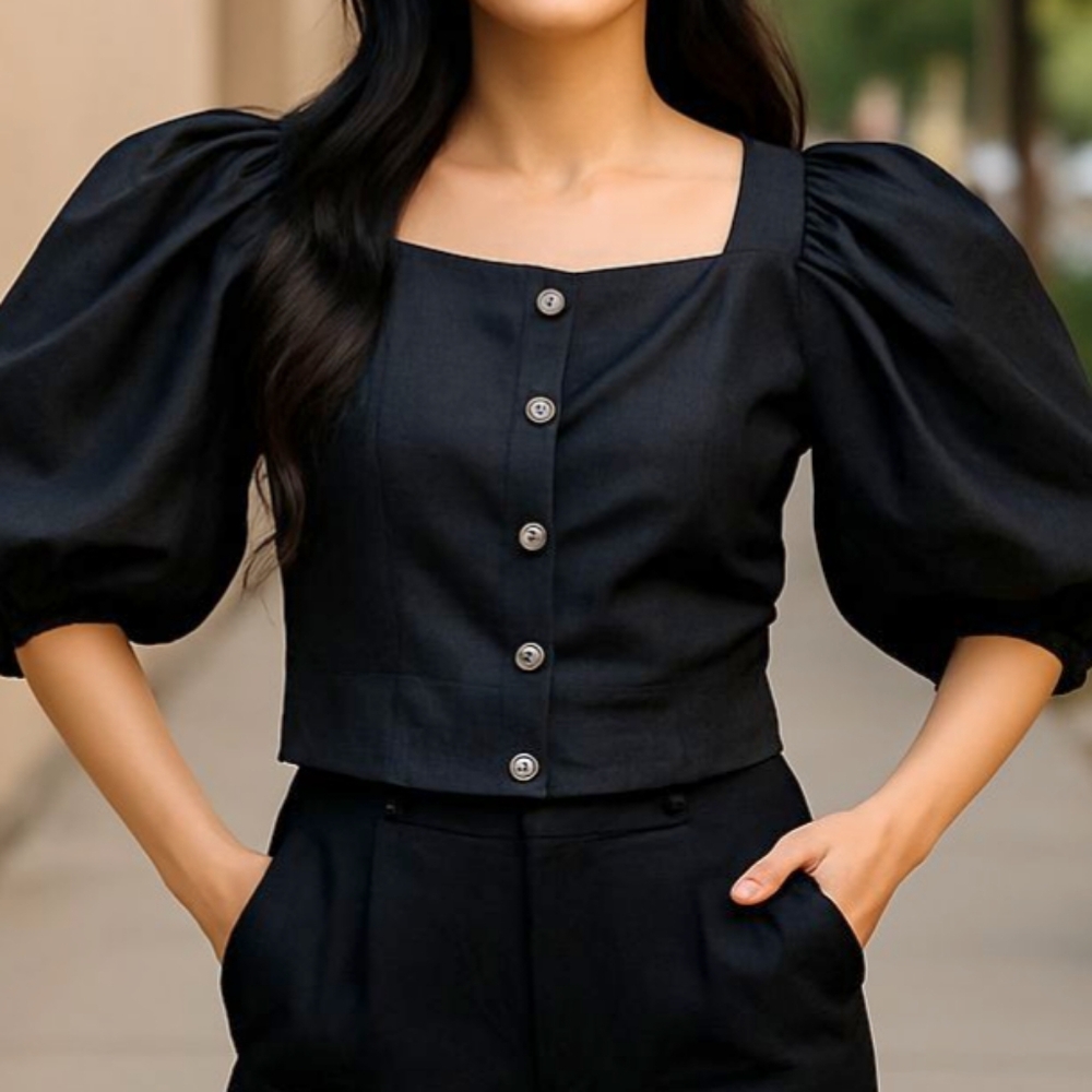 ANTONIO MELANI Black Crop Top Off Shoulder Puff Sleeve Goth Whimsygoth  Linen